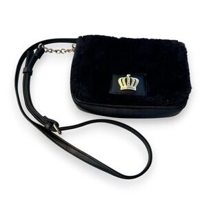 Juicy Couture Black Faux Fur Crossbody‎ Bag Crown Emblem Purse 8" x 5"